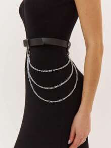 Adjustable Women's Waist Belt With Chest Decor, PU Leather With Metal Chain, Sexy Style Accessories