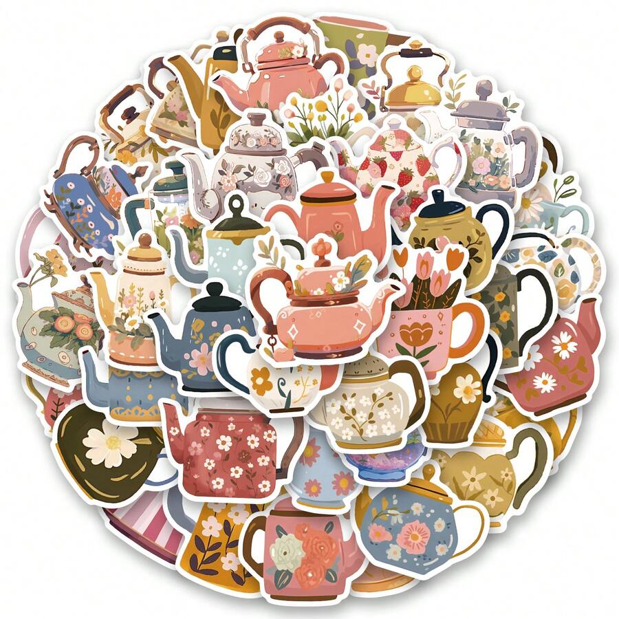 50PCS Flower Kettle Stickers Vinyl Aesthetics Stickers Scrapbooking, Diary, Bumper, Skateboard, Water Bottle, Cartoon, Hard Hat, Car Stickers And Decals - Multicolor - View 1
