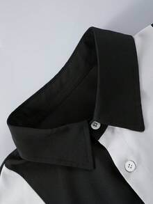 2 件男士轻便休闲装 - 拼色条纹短袖单排扣衬衫和纯色长裤，适合通勤和休闲穿着 - 黑色 - 查看 6