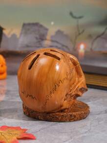 1 Stück Holzfarbener Schädel Deko Besteckhalter, Halloween Heim Dekoration Figur, Halloween Party Szene Dekoration