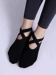 1 Par de Meias de Yoga Pretas, Ponta Redonda, Bottom de Tecido Atoalhado Macio e Confortável, Tira Cruzada Antiderrapante, Adequado para Pilates, Exercícios Internos, Dança