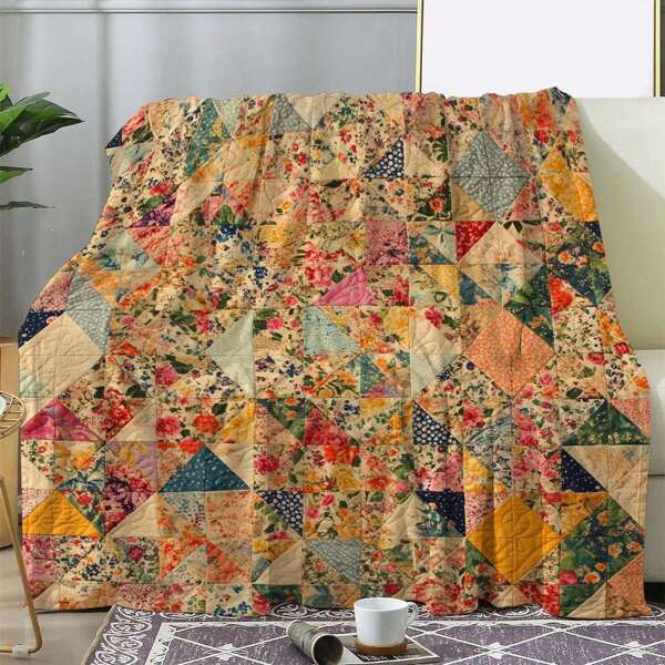 Manta de franela vintage con patchwork floral - Suave y acogedora, de uso múltiple para sofá, cama, coche, oficina, acampada - Un regalo cómodo para todas las temporadas con estampado floral vintage rojo