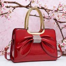 1 pieza Bolso de mano con gran lazo, con asas doradas, disponible en varios colores - rosa, rojo, blanco, azul, caqui, negro, marrón, hecho de material de PU, cierre con cremallera, apropiado para salir y para llevar lo necesario diario, nuevo lanzamiento 2025