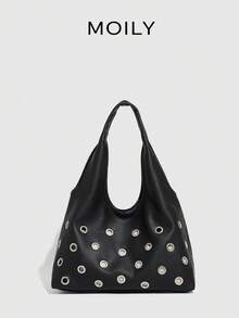 2025 New Design Large Capacity Handbag, Tortoiseshell Rivet Shoulder Bag, Casual Fashion Tote Bag, Polka Dot Ladies Bag, New Women Handbag - Black - View 2