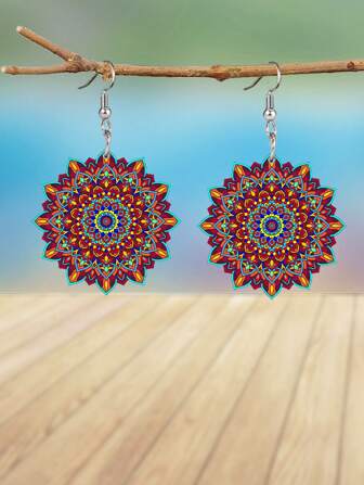 1 paire de boucles d'oreilles pendantes élégantes à la mode en acrylique avec fleur mandala rouge bohème. Bijoux de boucles d'oreilles parfaits pour le mariage, la fête, Thanksgiving, Noël. Cadeau de fête assorti idéal pour maman, grand-mère et meilleures amies