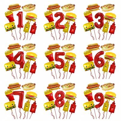 Hot Dog, Hamburger, French Fries Condiment Bottle & Number Balloon Set, Includes Hot Dog, Fries, Hamburger, Condiment Bottle, Red Number Foil Balloon, Suitable For Birthday Party Decoration, BBQ Gathering Decor
