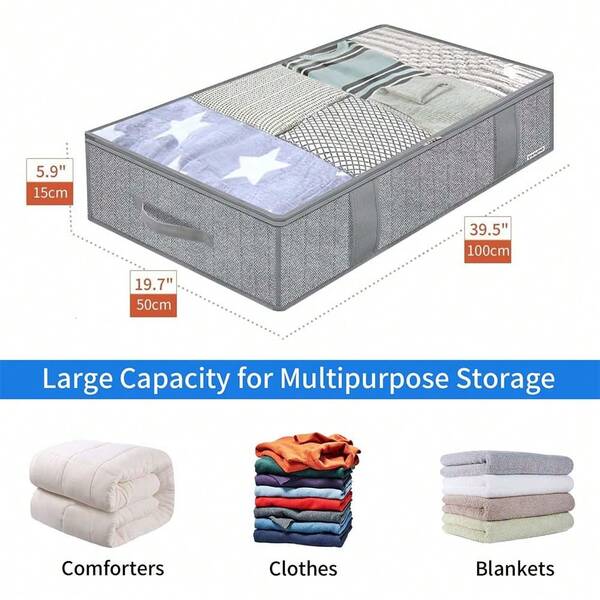 1 Pc Extra Large Underbed Storage Bag With 4 Handles And 2 Sturdy Zippers, Foldable Blanket/Clothes/Quilt Storage Bag With Clear Window, Herringbone Gray, Linen Black