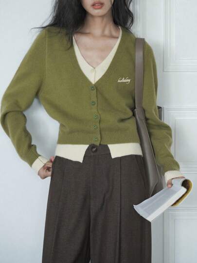 Alicedudu Women's Autumn/Winter Minimalist 2 In 1 V-Neck Sweater Cardigan