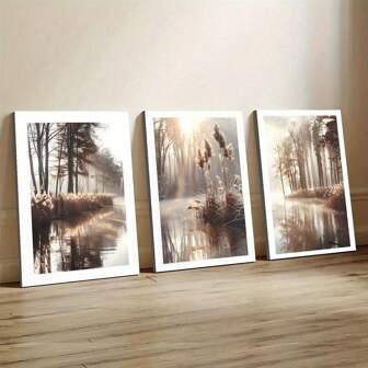 3 st träramade bohemiska skogs- och morgongräs-sjö-canvasväggkonst - vattentäta bläcknaturposters, modern klassisk art déco-stil för inomhus-/utomhusvardagsrum, sovrum, hemmakontorsinredning - vår- och sommardekoration, gåva, utomhusdekor