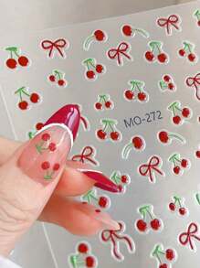 2 pièces Autocollants d'ongles 5D fraise et cerise - design de fruits doux avec des accents floraux, en résine ABS, style décontracté mignon, convient pour le nail art DIY, ongles à thème de fruits, design 5D complexe