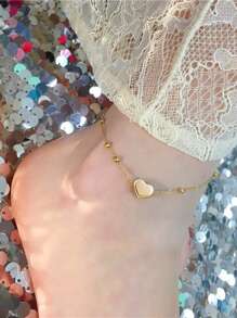 Nooxian 1pc Anklet, Summer Beach Anklet For Women, Stackable Hypoallergenic Stainless Steel Heart Pendant Foot Chain, Mother's Day & Valentine's Day Gift (Random Bead Count, No Gift Box)