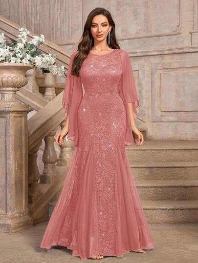 MIUSOL Elegant Sequin Floral Lace Butterfly Sleeve Mesh Formal Party Maxi Dress,Modest Women Dress, For Wedding Guest, Graduation, Dinner