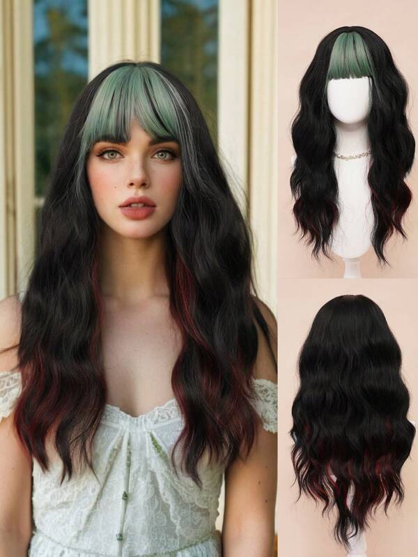 XYUNMI Costume Wig Black Highlight Green Long Curly Wave Wig 26 Inch With Bangs Matching Multicolor Easy To Comb And Care Fashion Long Wig Lightweight Breathable Synthetic Heat Resistant Fiber Wig For Women Daily Wear Date Party Cosplay Halloween Lolita Long Curly Wig For All Races