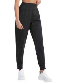 大码女式慢跑裤轻盈运动紧身裤锥形休闲裤适合健身、瑜伽、跑步 - 黑色 - 查看 2