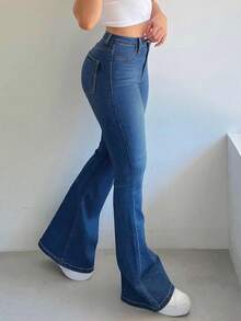 Women's Jeans, Slim Hip-Lifting American Bell Bottoms, Single-Breasted Design, Elastic Mid-Waist, Solid Color, Versatile, Elegant, Fashionable And Sexy, And Its New Daily Trousers In Autumn And Winter. - 深色水洗藍 - 查看 4