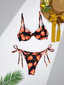 2pcs Rose Color Allover Print Sexy Knotted Backless Bikini With Underwire, Suitable For Beach, Vacation, Summer - Black - View 3