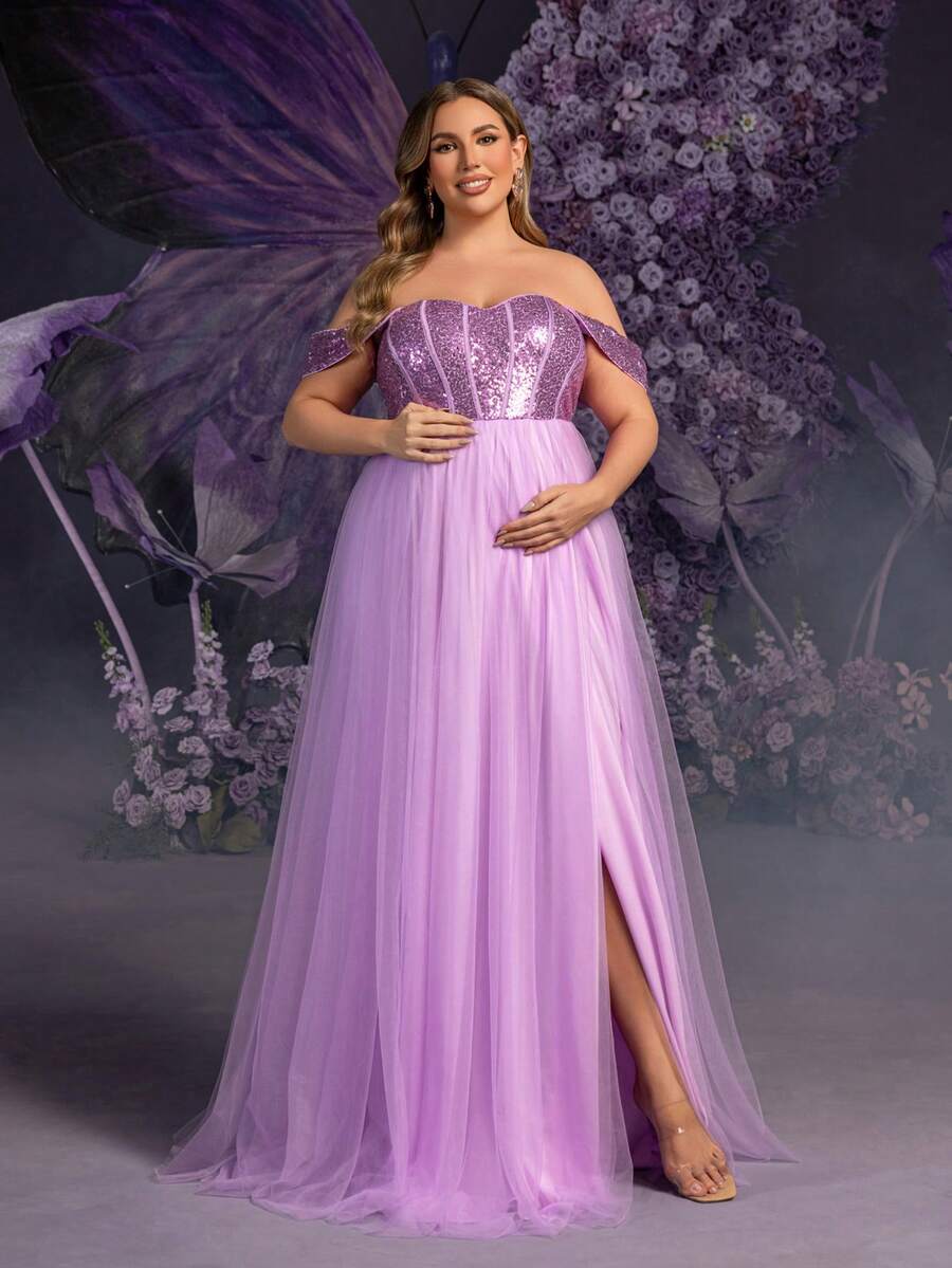 Faeriesty Dressalisa 优雅大码孕妇礼服,露肩、后系带和开衩大腿下摆 - 薄纱覆盖,适合春夏婚礼、孕妇写真和正式活动(精致飘逸外观) - 紫色 - 查看 1