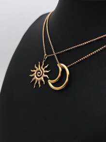 2pcs/Set Summer Beach Boho Vintage Personalized Fashion Sun & Moon Pendant Necklaces, Niche Design Elegant Long Chain Necklace For Women, Adjustable For Daily, Holiday, Party Wear