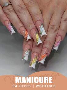 24pcs Long Square French Press On Nails | 3D Colorful Floral & Rhinestone Design | Sparkling Gem Full Cover Set Glue & File | Elegant False Nails For Women Daily Party