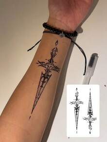 1pc Men's Herbal Temporary Tattoo With Cool Blade & Sword Gothic Pattern, Suitable For Men To Apply On Arms, Water-Resistant & Sweat-Proof, Lasts 7-14 Days - Black - View 1