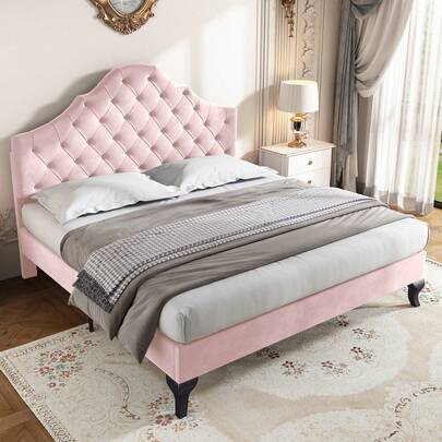 Flieks Upholstered Bed 135*190 With Slatted Frame And Headboard, Upholstered Bed With Height-Adjustable Headboard, Youth Bed, Single Bed, Wooden Slat Support, Easy Assembly, Velvet
