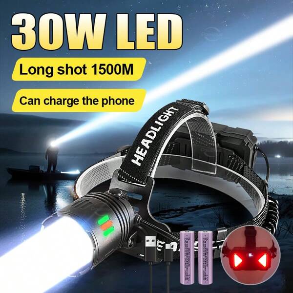 Foco de 25 años de caliente de 1500M de alcance ultra brillante, 30W de alto rendimiento, con LED, ajuste de ángulo de 90°, pantalla digital recargable, para ciclismo, caminatas nocturnas, campamentos, excursiones y emergencias al aire libre