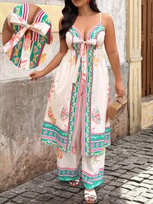 Plus Size Women Floral Print Camisole And Pants Suit - Multicolor - View 4