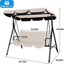 3-Seat Patio Swing Chair, Outdoor Porch Swing With Adjustable Canopy And Durable Steel Frame For Patio, Garden, Poolside - Beige - View 5