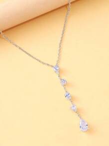 1pc Silver Geometric Crystal Pendant Y-Style Necklace, Decorative Clavicle Chain Jewelry For Women, Summer