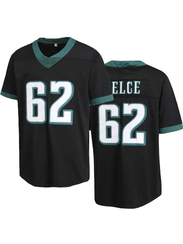 Atonmore Herren 62 Schwarzes American Football-Trikot, lässiges, kurzärmeliges T-Shirt mit bestickten Nähten und V-Ausschnitt, Party-Rugby-Sport-Top