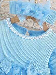 Baby Girl Spring And Autumn Blue Long Sleeve Round Neck Lace Butterfly Mesh Dress Princess Cute Party Two-Piece Set - Blue - View 4