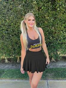 Women One Piece Skirt 2 In 1 Flowy Basic Versatile  Stretchy Flared Casual Mini Skirts - Black - View 3