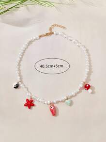 1 pieza Pequeño pez de cerámica, collar de perlas falsas con colgante de estrella de mar roja, adecuado para el uso diario de la mujer o para la playa