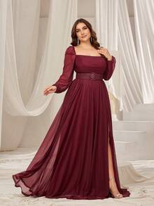 Elegantes A-Linien Partykleid mit Quadratausschnitt, Ballonärmeln und Gürtel für Damen in Große Größen, geeignet für Galas, Hochzeiten, Proms, rote Teppich Events und hochwertige Bankette - Bordeaux - Übersicht 1