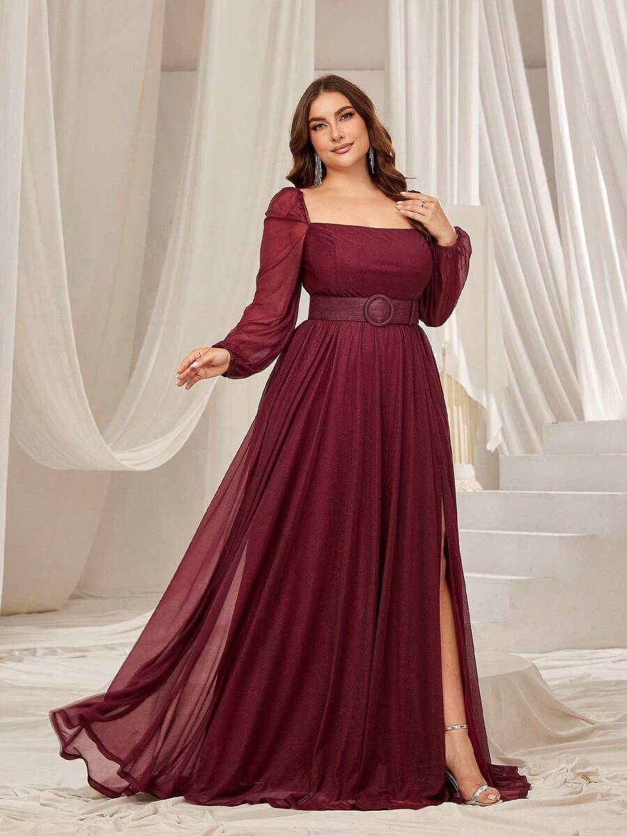 Elegantes A-Linien Partykleid mit Quadratausschnitt, Ballonärmeln und Gürtel für Damen in Große Größen, geeignet für Galas, Hochzeiten, Proms, rote Teppich Events und hochwertige Bankette - Bordeaux - Übersicht 1