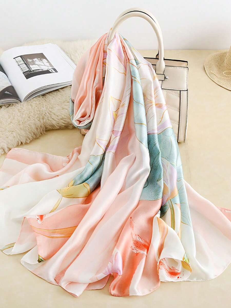 1 PIEZA Versión coreana del elegante chal de seda satinada con estampado floral, ligero y suave, ideal para protección solar, de uso diario y de moda - Rosa - Ver 1