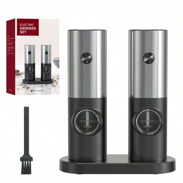 1 Piece Adjustable Electric Salt And Pepper Mill With Led Lighting And Ceramic Grinding Core, Suitable For Grinding Salt, Pepper And Spices; Made Of Plastic And Stainless Steel, With Round Button With CD Pattern And Transparent, Visible Storage Container; LED Display Illuminates During Grinding; Ceramic Kernel, Battery Not Included, Ideal As A Kitchen Accessory