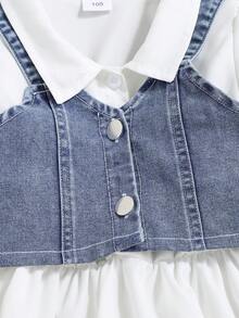 女童夏季泡泡袖拼接下摆连衣裙 + 牛仔吊带开衫套装，时尚百搭返校套装 - 白色 - 查看 6