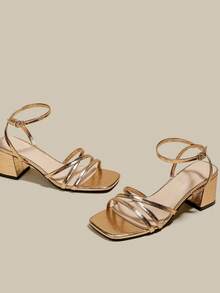 Women's Champagne Color Cross Strap Open Toe Lace Up Chunky Heel Sandals, Summer Shoes - Champagne - View 4