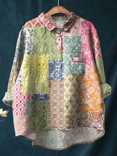 Women's Color Clash Floral Floral Patchwork Pattern Lapel Button Pocket Detail Long Sleeve Shirt Women's Spring/Summer Break Outfits Oversized Fashionable Casual Comfortable Floral Pattern Printed Floral Plaid Sun Botanical Floral Pattern Patchwork Designs Casual Vacation Holiday Travel Clothing Convenient Pocket Design Lace-Up Design Summer Tops Shirt Tops Women Blouses