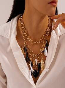 1 Set Collar multicapa con elementos de imitación de perla, cuerno, concha, tortuga marina, rana, diseñado para mujeres elegantes y de moda, adecuado para regalos, viajes y uso diario