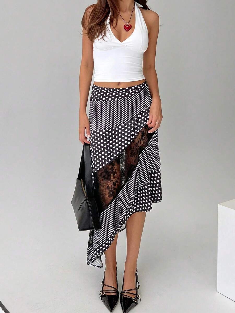 Women's Y2K Lace Patchwork Flowy Midi Skirt Vintage Low Waist Floral/Dots Print Asymmetrical Hem Flowy Long Skirts Summer Fall Beach Vacation Lightweight Aesthetic Skirt - 黑色 - 查看 1