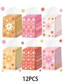24/12 piezas Bolsas de papel kraft con flores de margarita para regalos de cumpleaños, bolsas para dulces de fiesta de novia, bolsas de regalo para fiestas de boda y cumpleaños - Multicolor - Ver 9