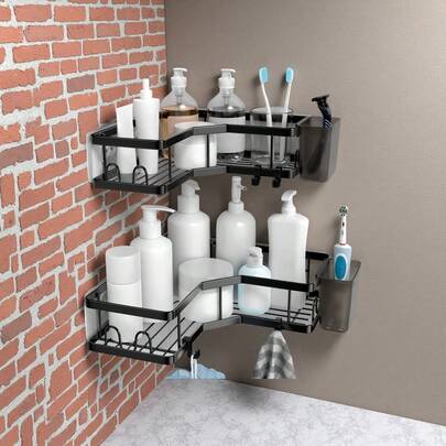 2 paquetes de estantería de ducha de esquina, almacenamiento de baño sin perforación, almacenamiento de ducha con portajabones y ganchos y portacepillos de dientes, para baño o cocina, accesorios de baño de acero inoxidable resistente a la corrosión para volver al colegio