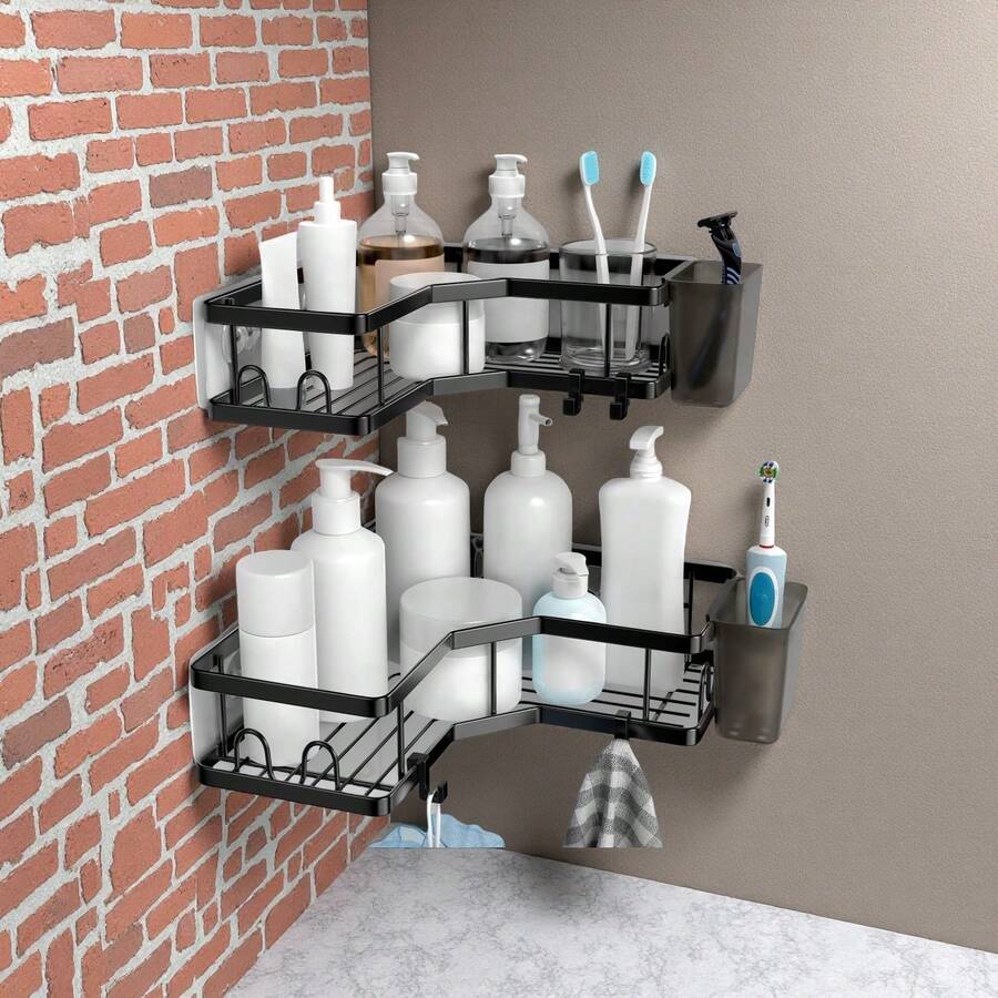 2 paquetes de estantería de ducha de esquina, almacenamiento de baño sin perforación, almacenamiento de ducha con portajabones y ganchos y portacepillos de dientes, para baño o cocina, accesorios de baño de acero inoxidable resistente a la corrosión para volver al colegio
