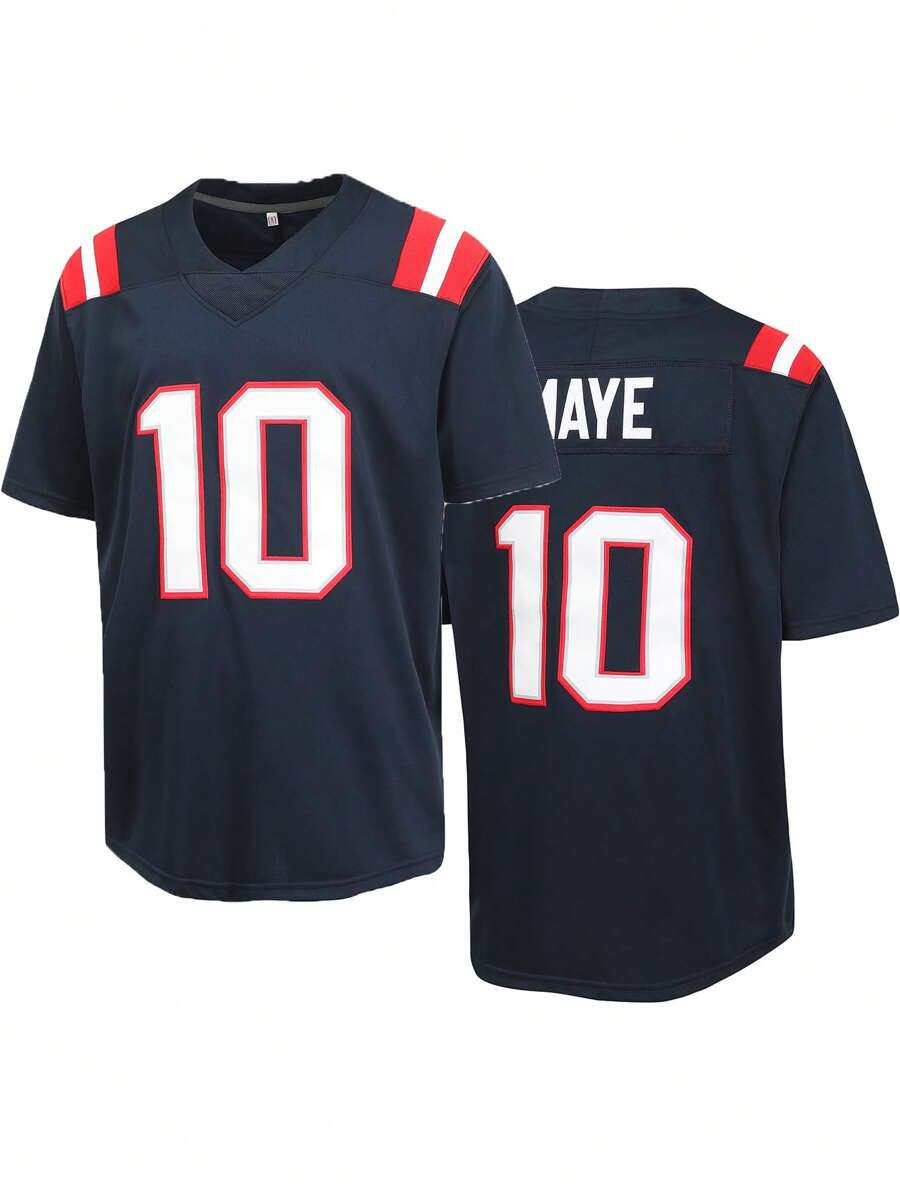 Atonmore Camiseta casual de cuello en V con bordado y costuras de manga corta, color azul, para hombre - Estilo jersey de fútbol americano, rugby y deportivo