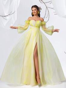 VIPGIRL 优雅奶油色露肩长款正式舞会礼服，泡泡袖高开衩，女士舞会礼服，仙女风晚礼服，婚礼宾客礼服，盛大派对礼服，流行款式 - 黃色 - 查看 6