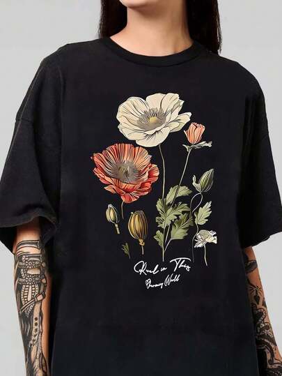 Women's Summer Poppy And Leaves Pattern Print Round Neck Short Sleeve Simple Casual Black Everyday Plus Size T-Shirt Tops