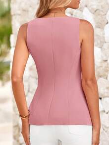 Women Casual Sleeveless Square Neck Front Button Solid Color Blazer Summer Business Office Work Suit Vest Dressy Outfits Tops For Daily Wear - 粉色 - 查看 2