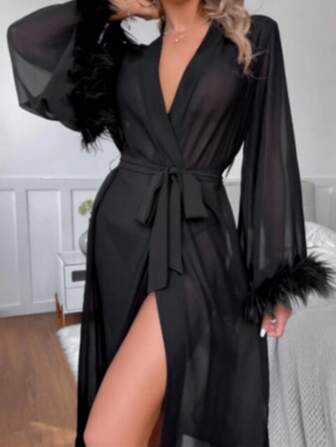 1 Piece Of Summer New Imitation Ice Silk Feather Long Sleepwear, Women's Nightgown, Comfortable Tie Up Women's Home Morning Gown Back To School